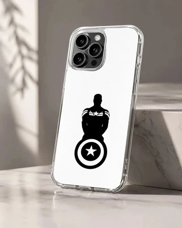 Minimalist black silhouette of a hero holding a star shield on a white phone case.