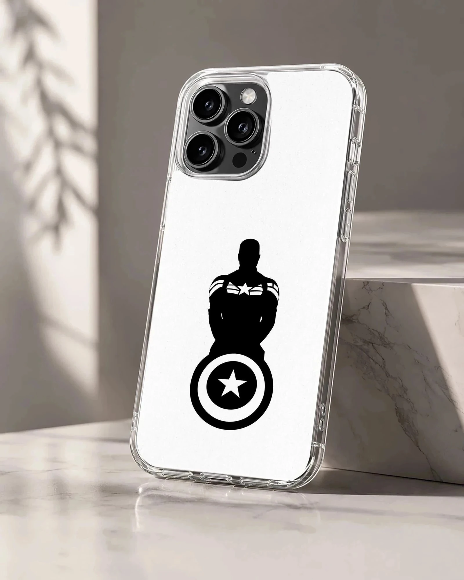 Minimalist black silhouette of a hero holding a star shield on a white phone case.