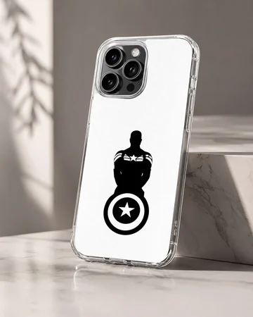 Minimalist black silhouette of a hero holding a star shield on a white phone case. — Hero