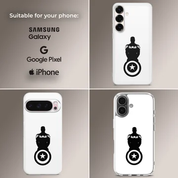 Minimalist black silhouette of a hero holding a star shield on a white phone case. — Collage