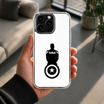 Minimalist black silhouette of a hero holding a star shield on a white phone case. — Lifestyle