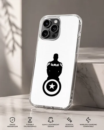 Minimalist black silhouette of a hero holding a star shield on a white phone case. — Specs