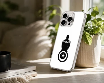 Minimalist black silhouette of a hero holding a star shield on a white phone case. — Lifestyle
