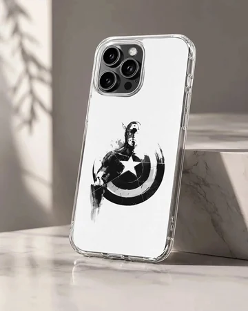 Black and white graphic illustration featuring a classic hero holding a star-embossed shield phone case