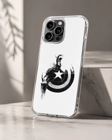 Black and white graphic illustration featuring a classic hero holding a star-embossed shield phone case — Hero