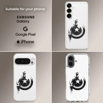 Black and white graphic illustration featuring a classic hero holding a star-embossed shield phone case — Collage