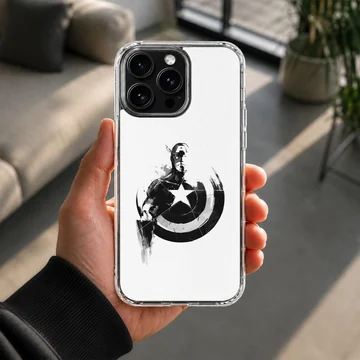 Black and white graphic illustration featuring a classic hero holding a star-embossed shield phone case — Lifestyle