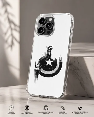 Black and white graphic illustration featuring a classic hero holding a star-embossed shield phone case — Specs