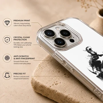 Black and white graphic illustration featuring a classic hero holding a star-embossed shield phone case — Info