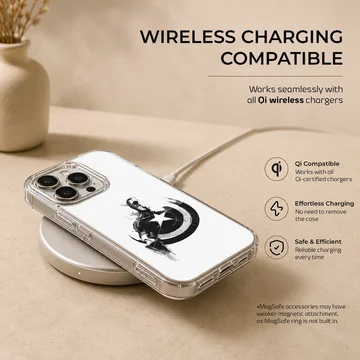 Black and white graphic illustration featuring a classic hero holding a star-embossed shield phone case — Charging