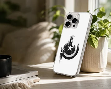 Black and white graphic illustration featuring a classic hero holding a star-embossed shield phone case — Lifestyle