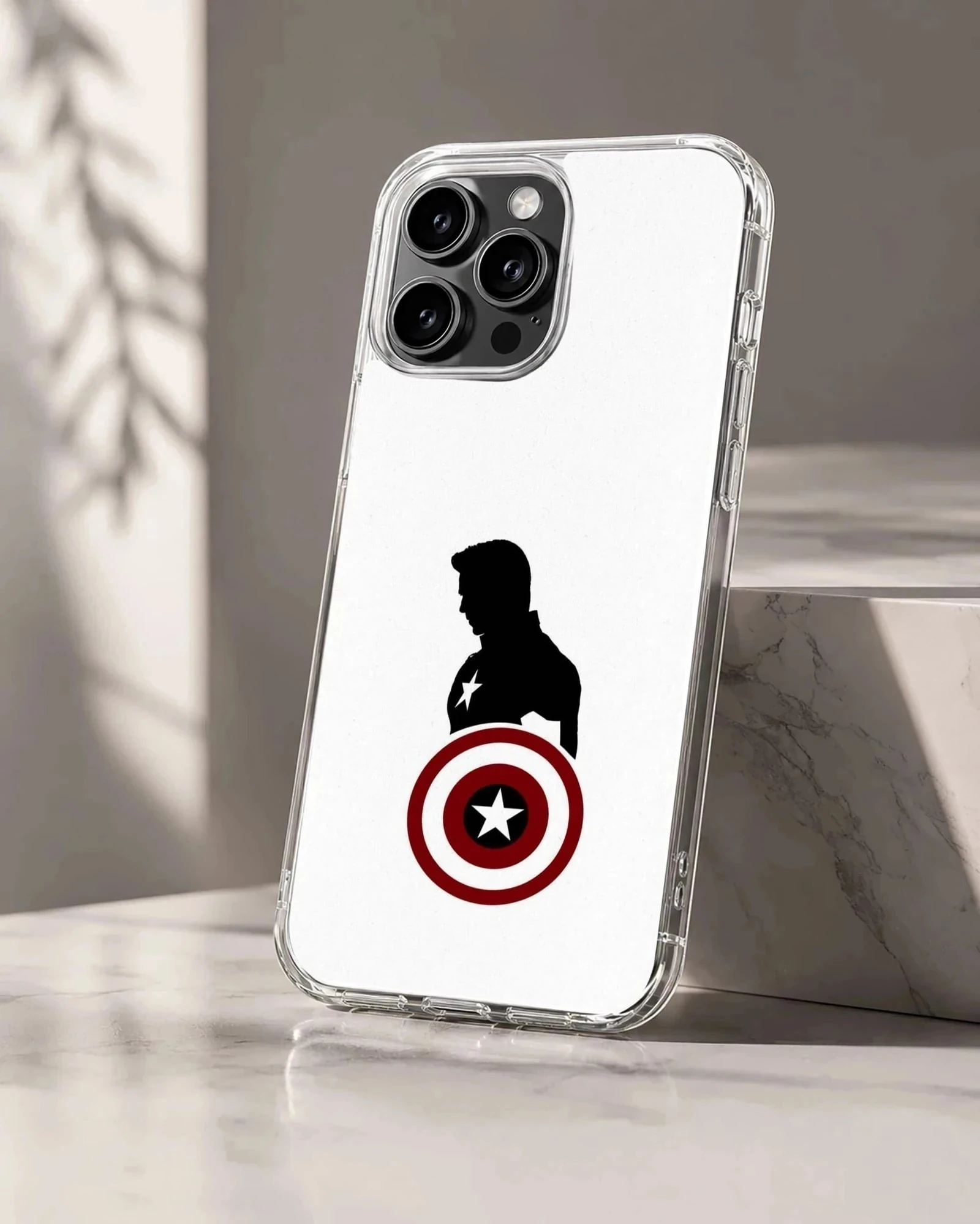Captain America silhouette and shield artwork on a phone case