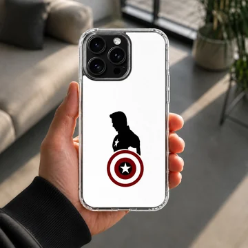 Captain America silhouette and shield artwork on a phone case — Lifestyle