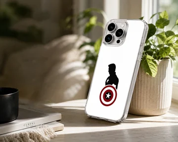 Captain America silhouette and shield artwork on a phone case — Lifestyle