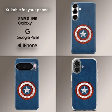 Hero shield emblem with red and white rings and a center star on textured blue background phone case — Collage
