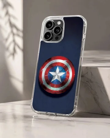 Weathered red, white, and blue superhero shield art on a phone case