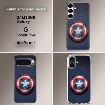 Weathered red, white, and blue superhero shield art on a phone case — Collage