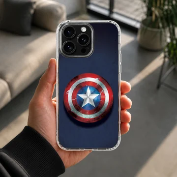 Weathered red, white, and blue superhero shield art on a phone case — Lifestyle