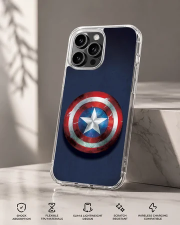 Weathered red, white, and blue superhero shield art on a phone case — Specs