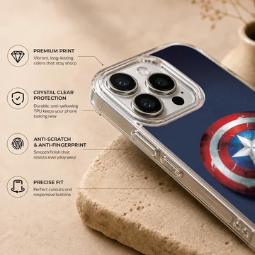 Weathered red, white, and blue superhero shield art on a phone case — Info