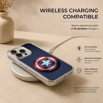 Weathered red, white, and blue superhero shield art on a phone case — Charging