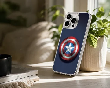 Weathered red, white, and blue superhero shield art on a phone case — Lifestyle