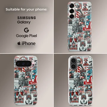 A collage of vintage comic book panels featuring heroic illustrations on a phone case — Collage