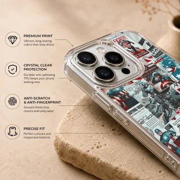 A collage of vintage comic book panels featuring heroic illustrations on a phone case — Info