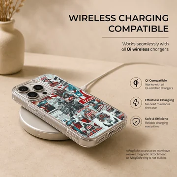 A collage of vintage comic book panels featuring heroic illustrations on a phone case — Charging