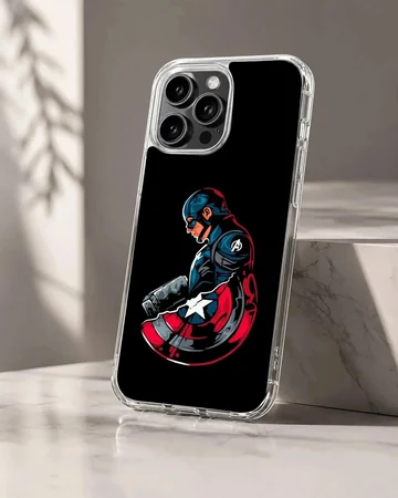 Captain America graphic holding a shield and hammer on a black background phone case
