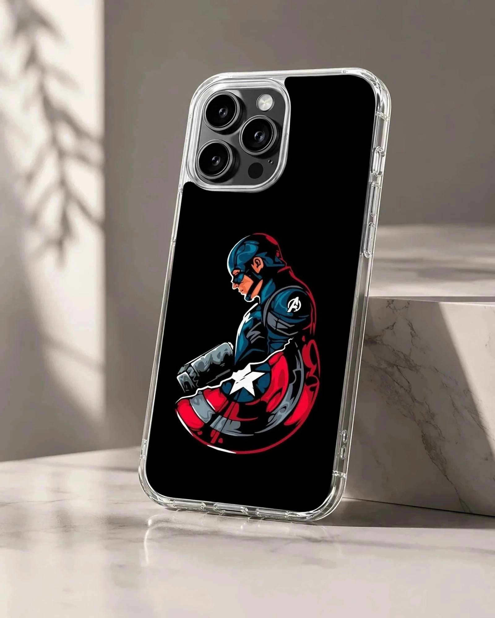 Captain America graphic holding a shield and hammer on a black background phone case