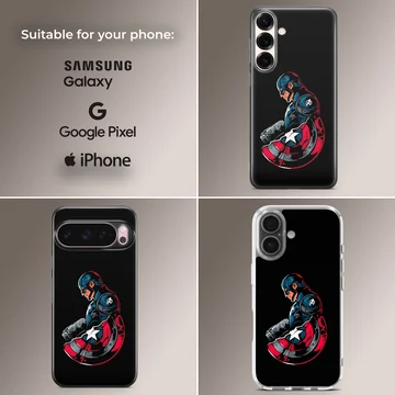 Captain America graphic holding a shield and hammer on a black background phone case — Collage