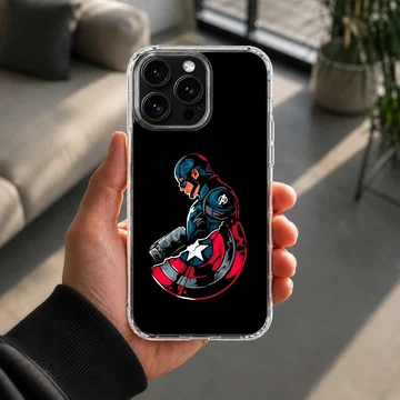 Captain America graphic holding a shield and hammer on a black background phone case — Lifestyle