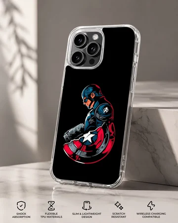 Captain America graphic holding a shield and hammer on a black background phone case — Specs