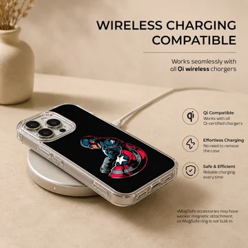 Captain America graphic holding a shield and hammer on a black background phone case — Charging