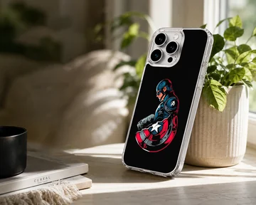 Captain America graphic holding a shield and hammer on a black background phone case — Lifestyle