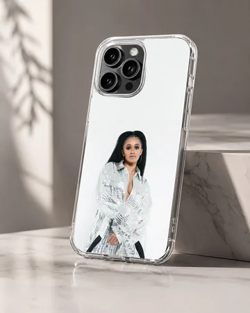 Music star in a shimmering silver outfit printed on a phone case — Hero