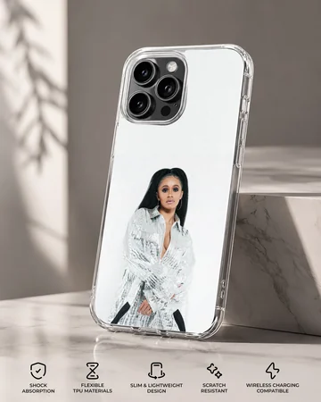 Music star in a shimmering silver outfit printed on a phone case — Specs