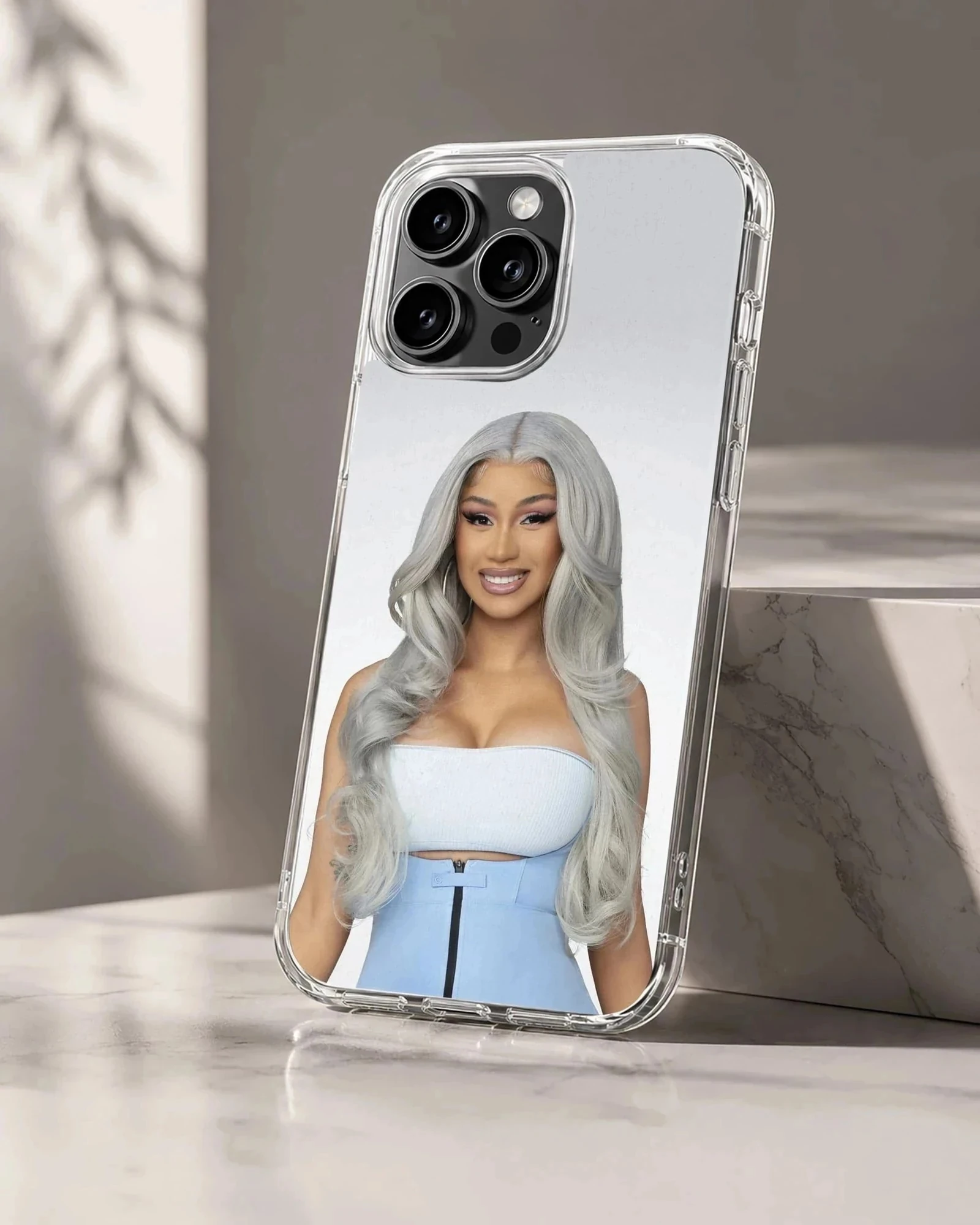 Cardi B portrait with silver hair and blue outfit printed on a phone case