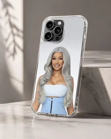 Cardi B portrait with silver hair and blue outfit printed on a phone case — Hero