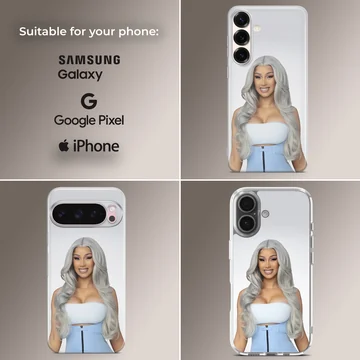 Cardi B portrait with silver hair and blue outfit printed on a phone case — Collage