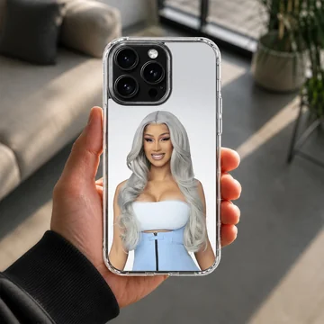 Cardi B portrait with silver hair and blue outfit printed on a phone case — Lifestyle