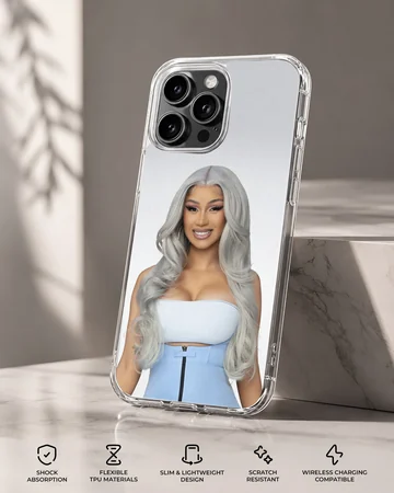 Cardi B portrait with silver hair and blue outfit printed on a phone case — Specs