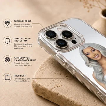Cardi B portrait with silver hair and blue outfit printed on a phone case — Info