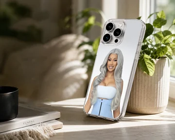 Cardi B portrait with silver hair and blue outfit printed on a phone case — Lifestyle