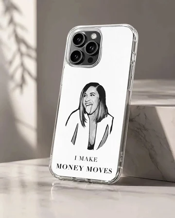 Monochrome digital illustration of a famous female rapper sticking out her tongue with bold text reading I make money moves phone case