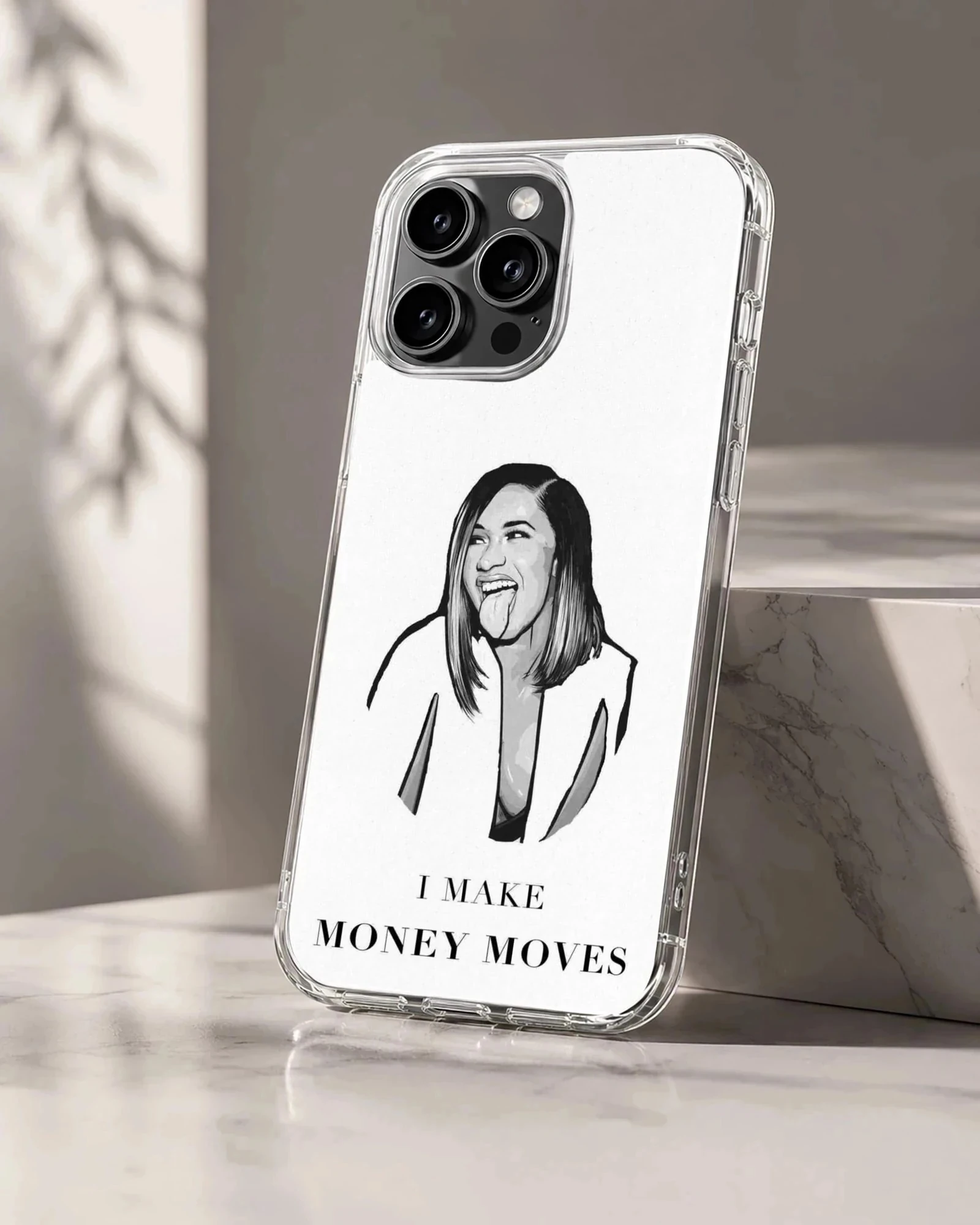 Monochrome digital illustration of a famous female rapper sticking out her tongue with bold text reading I make money moves phone case