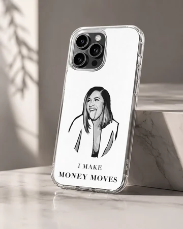 Monochrome digital illustration of a famous female rapper sticking out her tongue with bold text reading I make money moves phone case — Hero