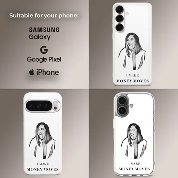 Monochrome digital illustration of a famous female rapper sticking out her tongue with bold text reading I make money moves phone case — Collage