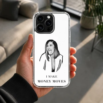 Monochrome digital illustration of a famous female rapper sticking out her tongue with bold text reading I make money moves phone case — Lifestyle
